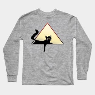 black lounging cat in geometric triangle design art Long Sleeve T-Shirt